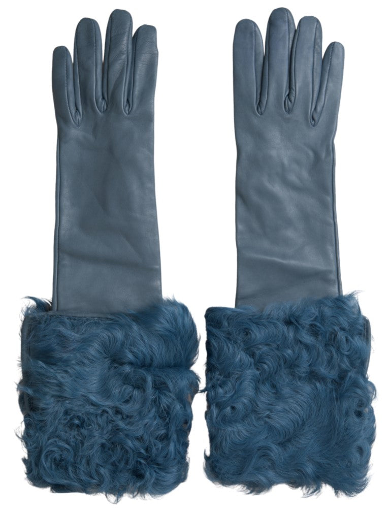 Blue Leather Fur Mid Arm Length Gloves-Dolce & Gabbana-LabelTerrace.com