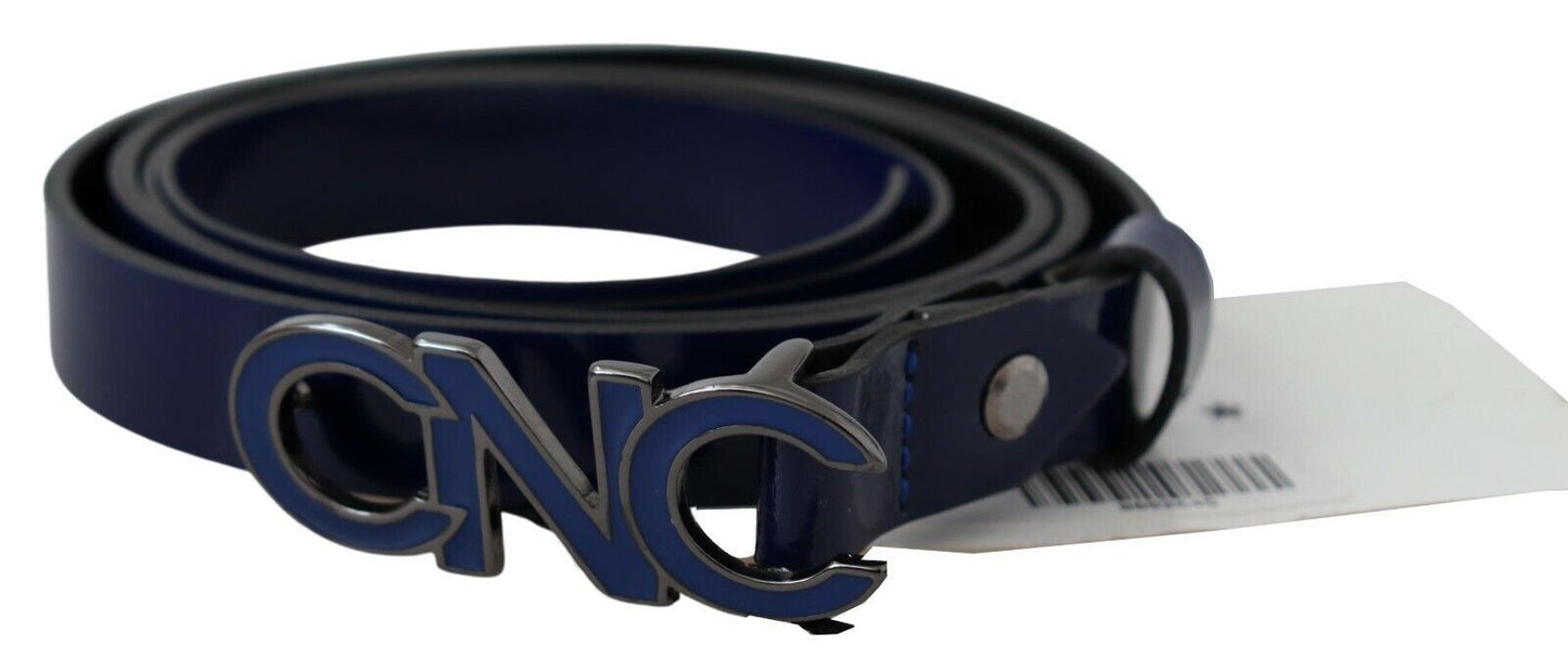 Blue Leather Logo Skinny Fashion Belt