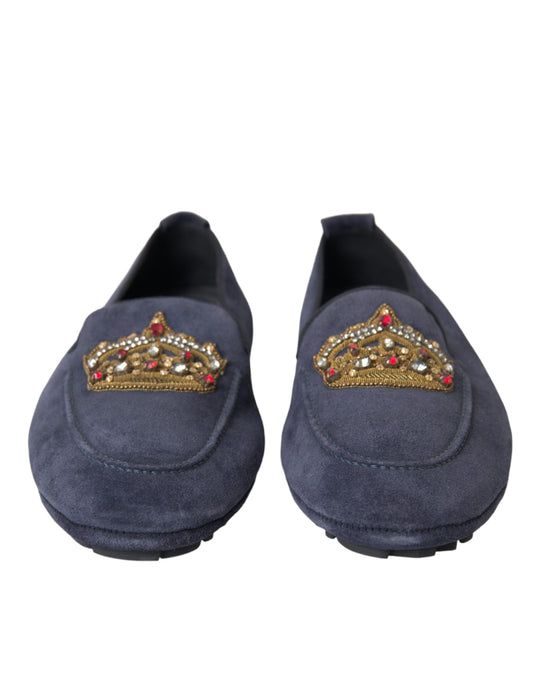 Blue Leather Suede Crystal Crown Loafers Shoes-Dolce & Gabbana-LabelTerrace.com