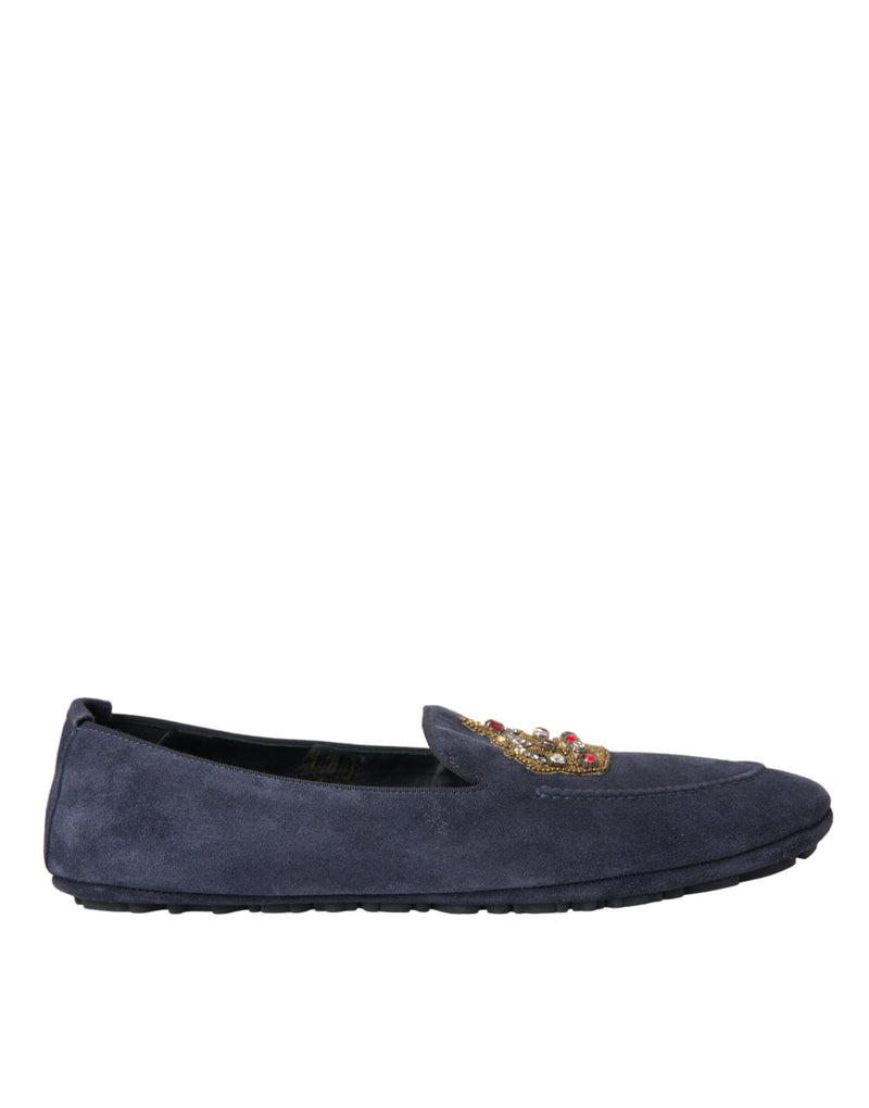 Blue Leather Suede Crystal Crown Loafers Shoes-Dolce & Gabbana-LabelTerrace.com