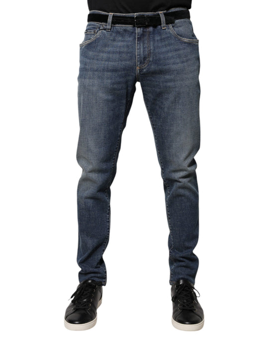 Blue Logo Plaque Cotton Skinny Denim Jeans-Dolce & Gabbana-LabelTerrace.com