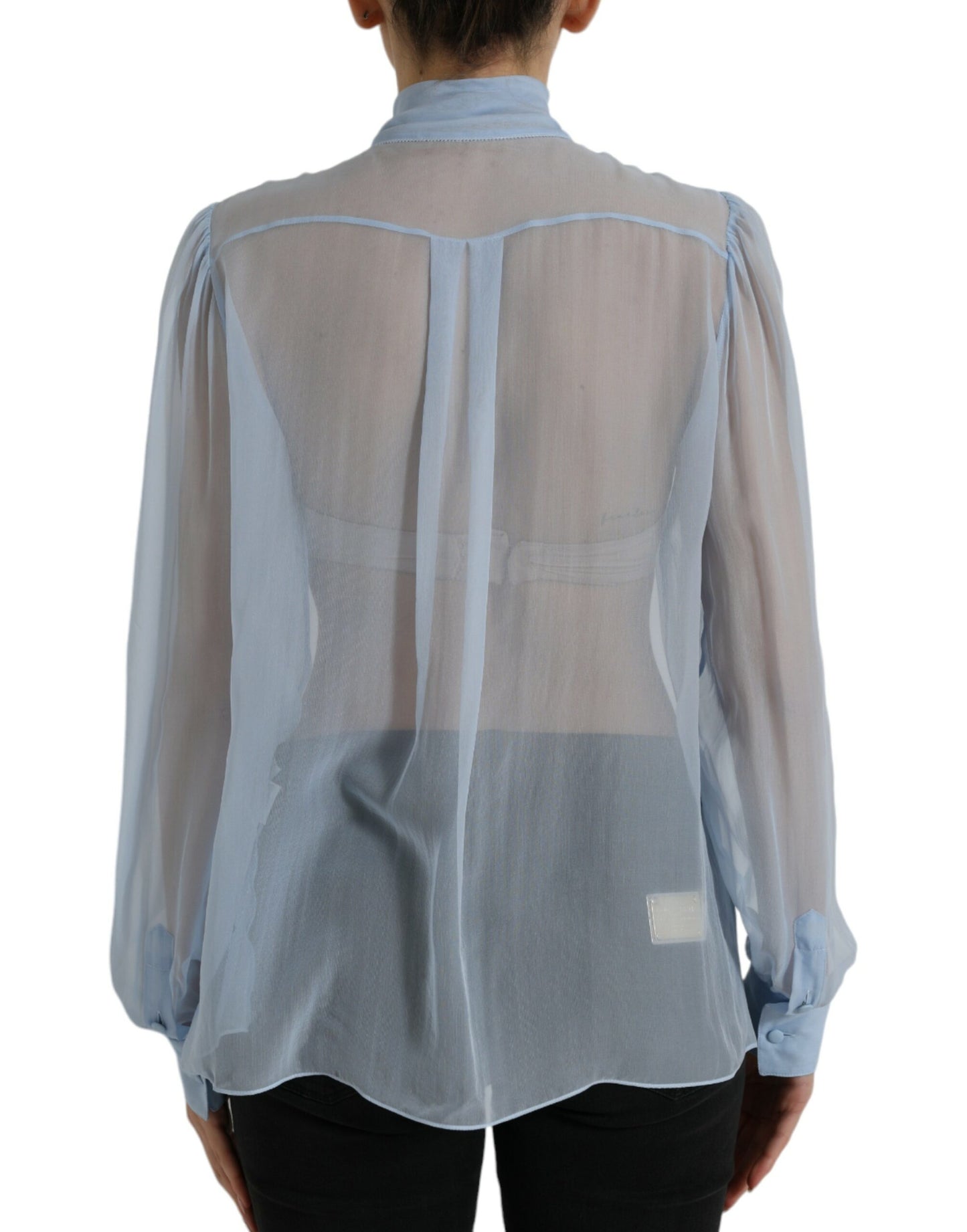 Blue Long Sleeves Ascot Collar Blouse Top-Dolce & Gabbana-LabelTerrace.com