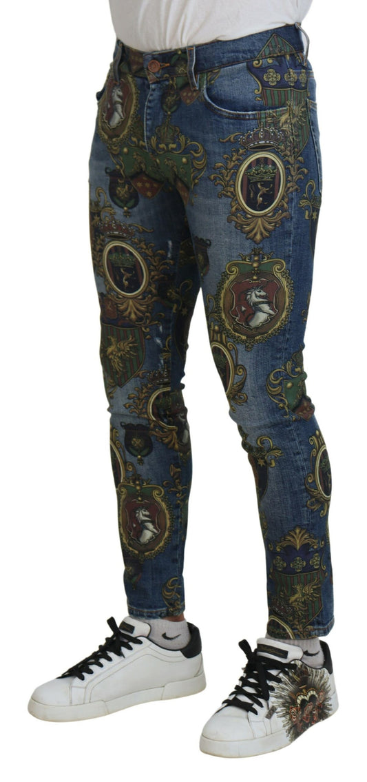 Blue Medal Print Slim Fit Cotton Jeans-Dolce & Gabbana-LabelTerrace.com