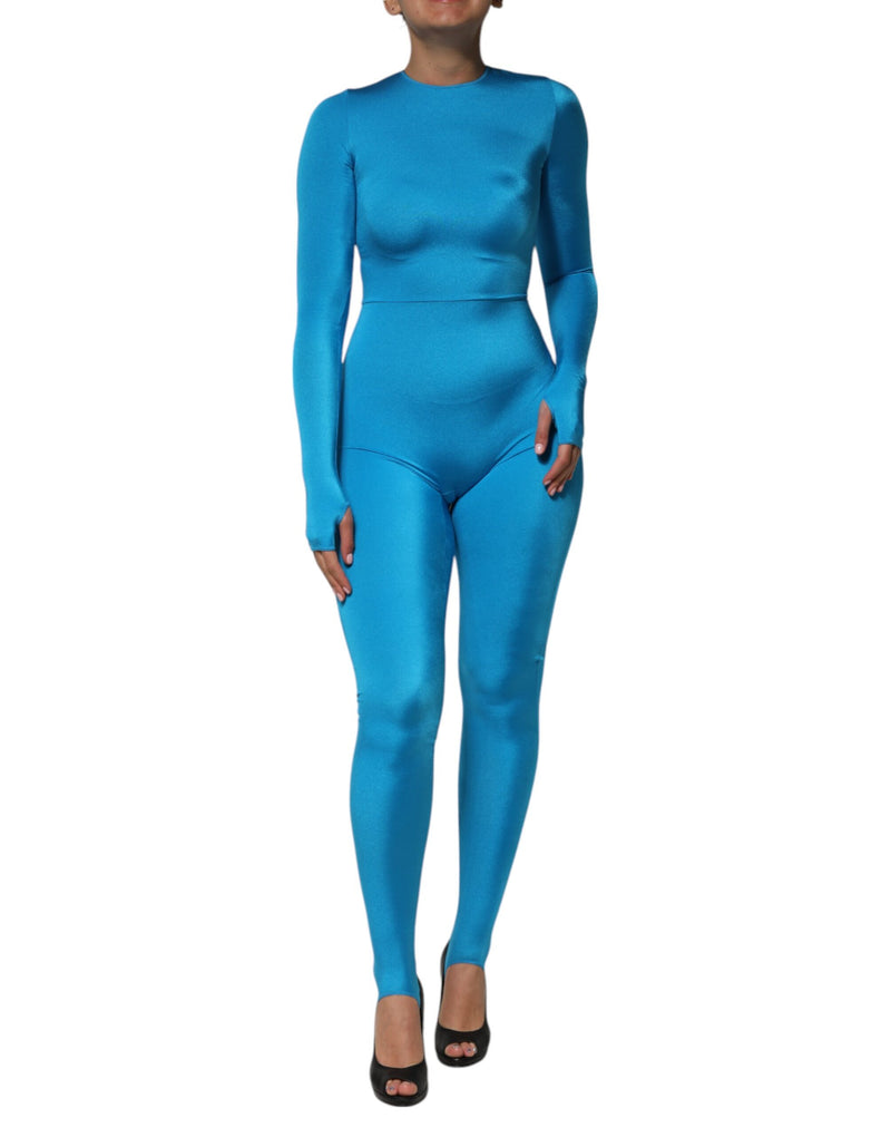 Blue Nylon Crew Neck Bodycon Jumpsuit Dress-Dolce & Gabbana-LabelTerrace.com