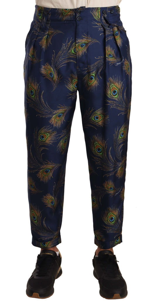 Blue Peacock Print Tapered Trousers Silk Pants-Dolce & Gabbana-LabelTerrace.com