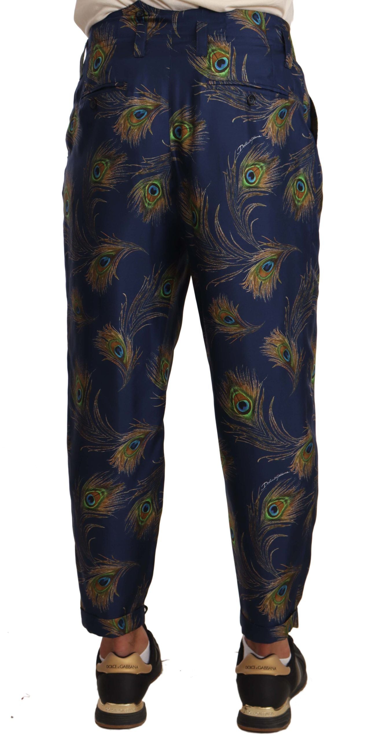 Blue Peacock Print Tapered Trousers Silk Pants-Dolce & Gabbana-LabelTerrace.com