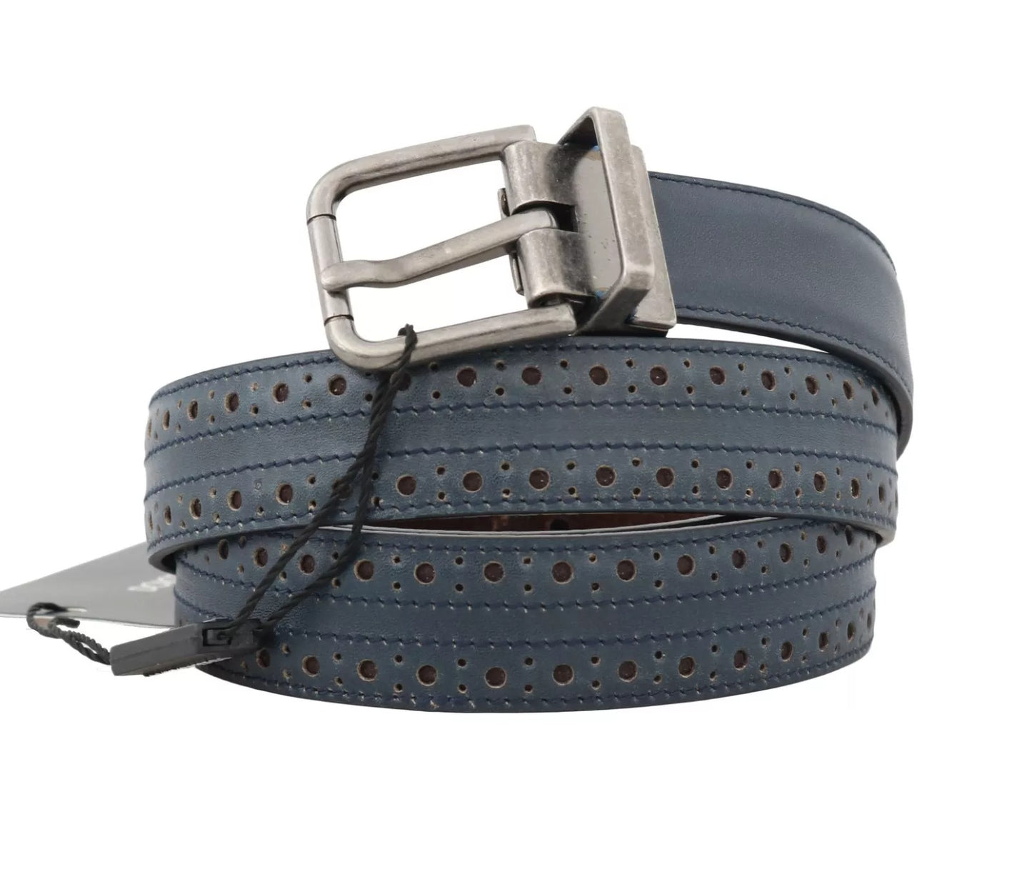 Blue Perforated Leather Gray Buckle Belt-Dolce & Gabbana-LabelTerrace.com
