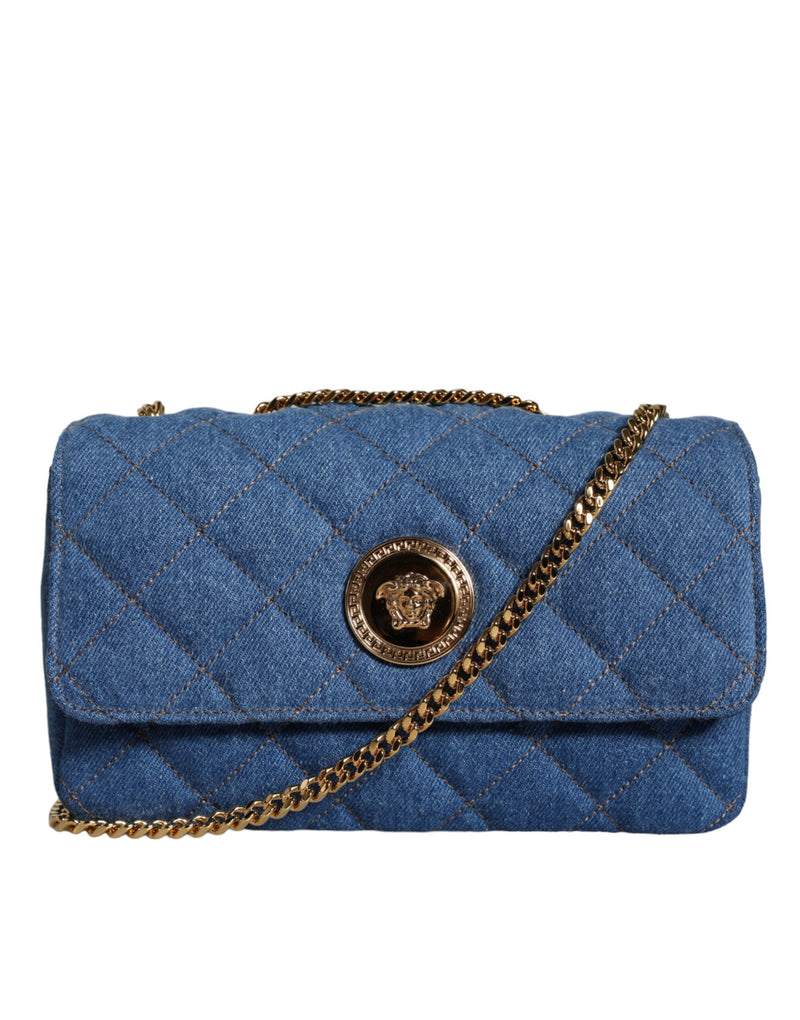 Blue Quilted Denim Leather Crossbody Shoulder Bag-Versace-LabelTerrace.com