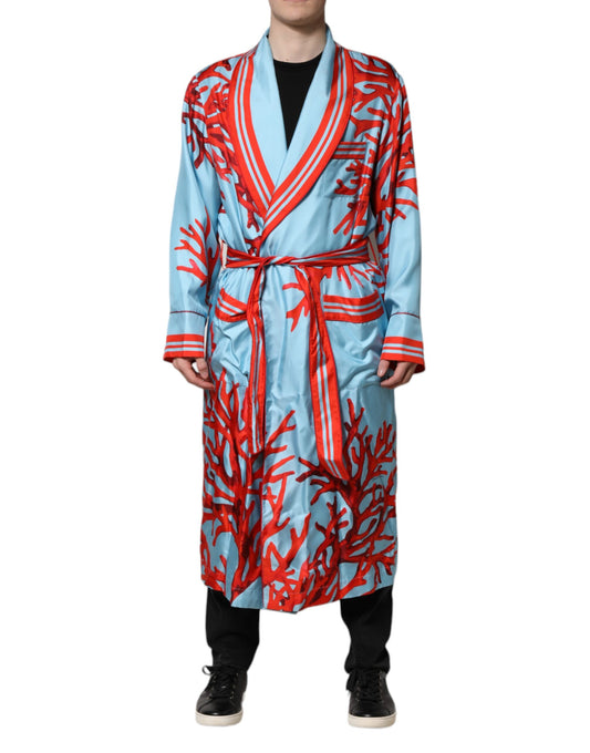 Blue Red Coral Print Wrap Robe Coat Jacket-Dolce & Gabbana-LabelTerrace.com
