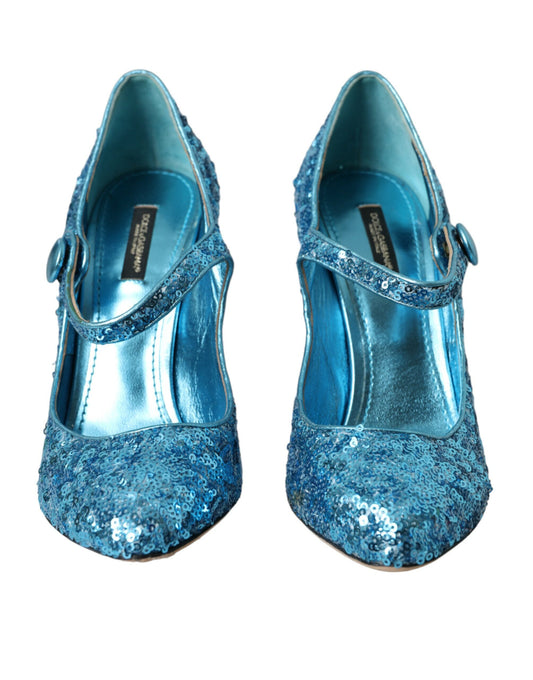 Blue Sequin Mary Jane Pumps High Heels Shoes-Dolce & Gabbana-LabelTerrace.com