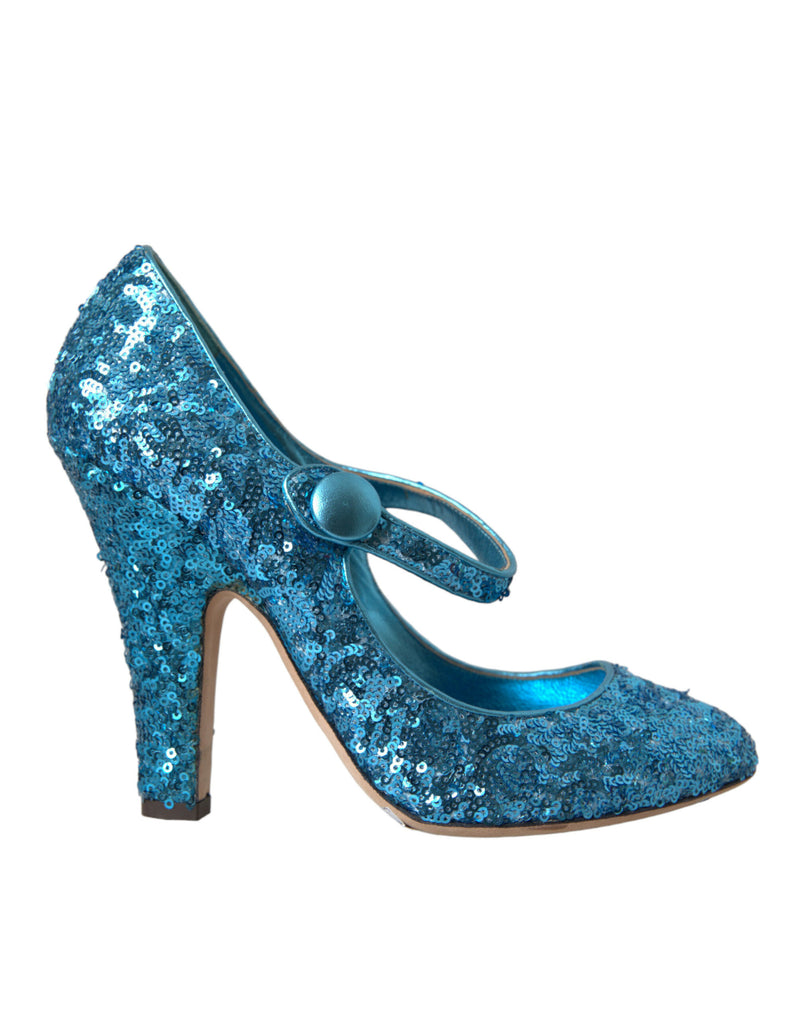Blue Sequin Mary Jane Pumps High Heels Shoes-Dolce & Gabbana-LabelTerrace.com