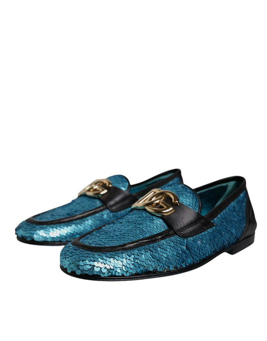 Blue Sequined Loafers Formal Dress Shoes-Dolce & Gabbana-LabelTerrace.com