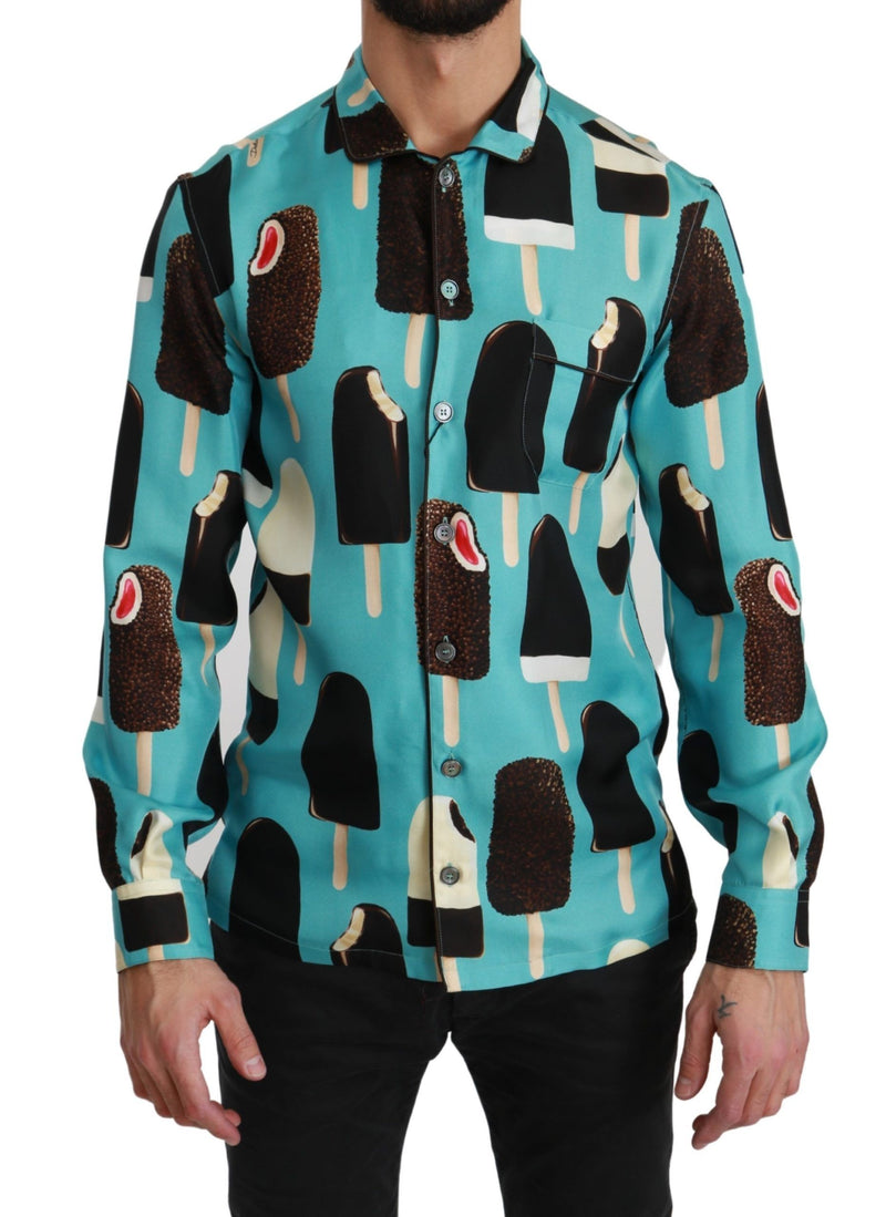 Blue Silk Ice Cream Print Casual Shirt-Dolce & Gabbana-LabelTerrace.com