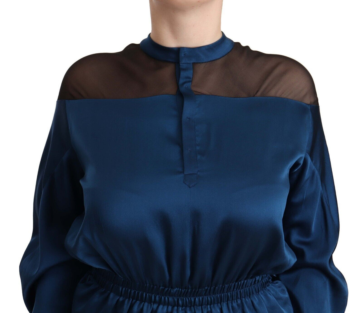 Blue Silk Long Sleeves Elastic Waist Top Blouse-Masha Ma-LabelTerrace.com