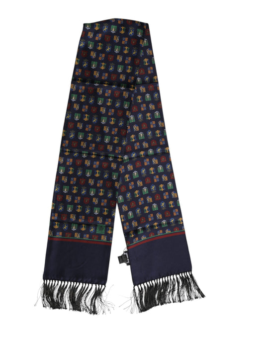 Blue Silk Printed Fringes Foulard Scarf