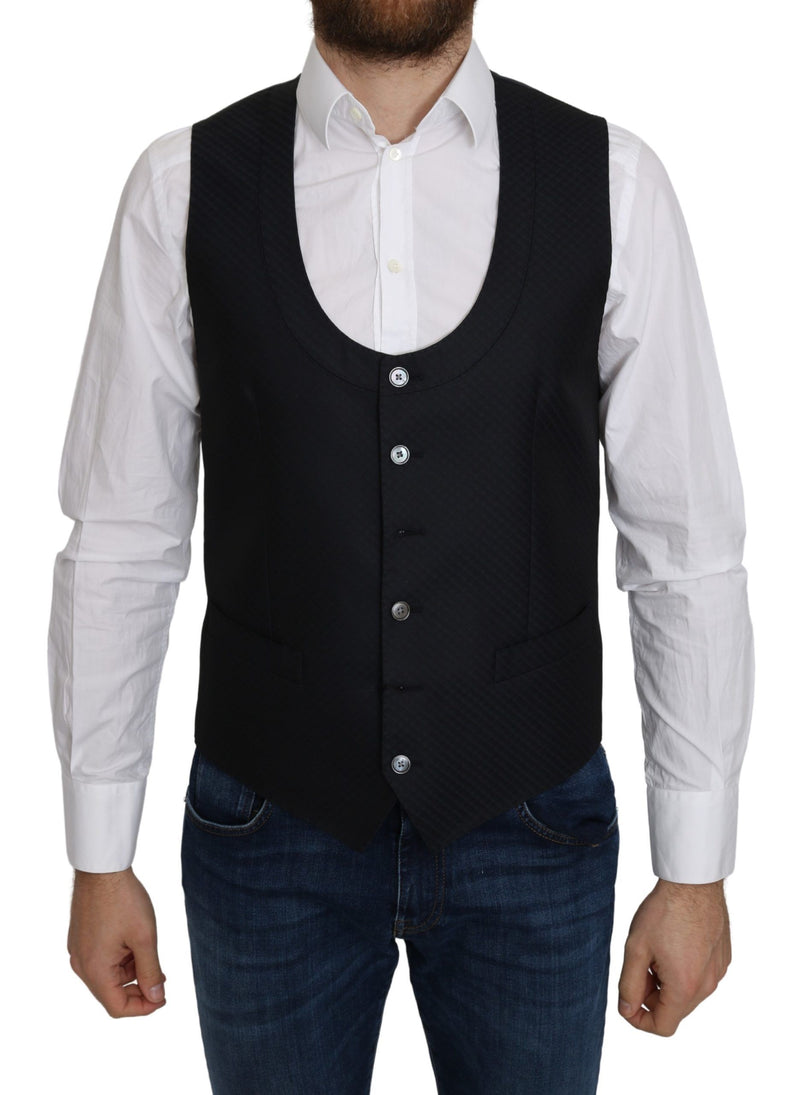 Blue Silk Romb Pattern Formal Coat Vest-Dolce & Gabbana-LabelTerrace.com