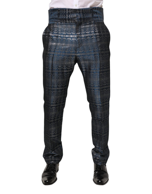 Blue Silver Shiny Silk Skinny Men Trouser Pants-Dolce & Gabbana-LabelTerrace.com