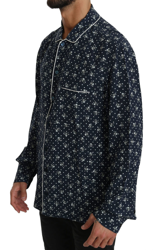 Blue Skull Print Silk Top Sleepwear Shirt-Dolce & Gabbana-LabelTerrace.com