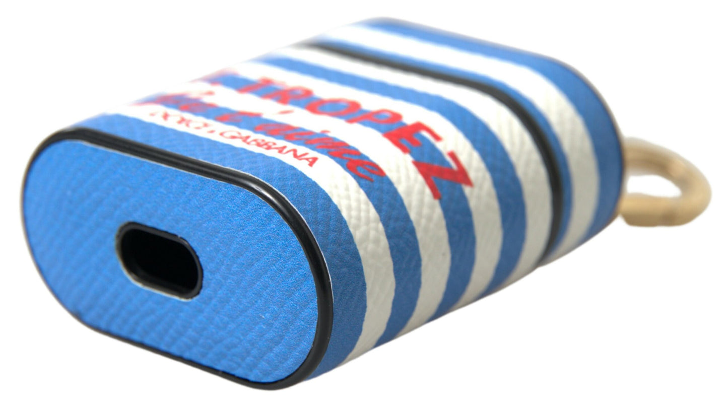 Blue Stripe Dauphine Leather Logo Print Airpod Case-Dolce & Gabbana-LabelTerrace.com