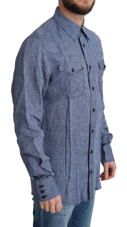 Blue Stripes Men Casual Button Down Shirt-Dolce & Gabbana-LabelTerrace.com
