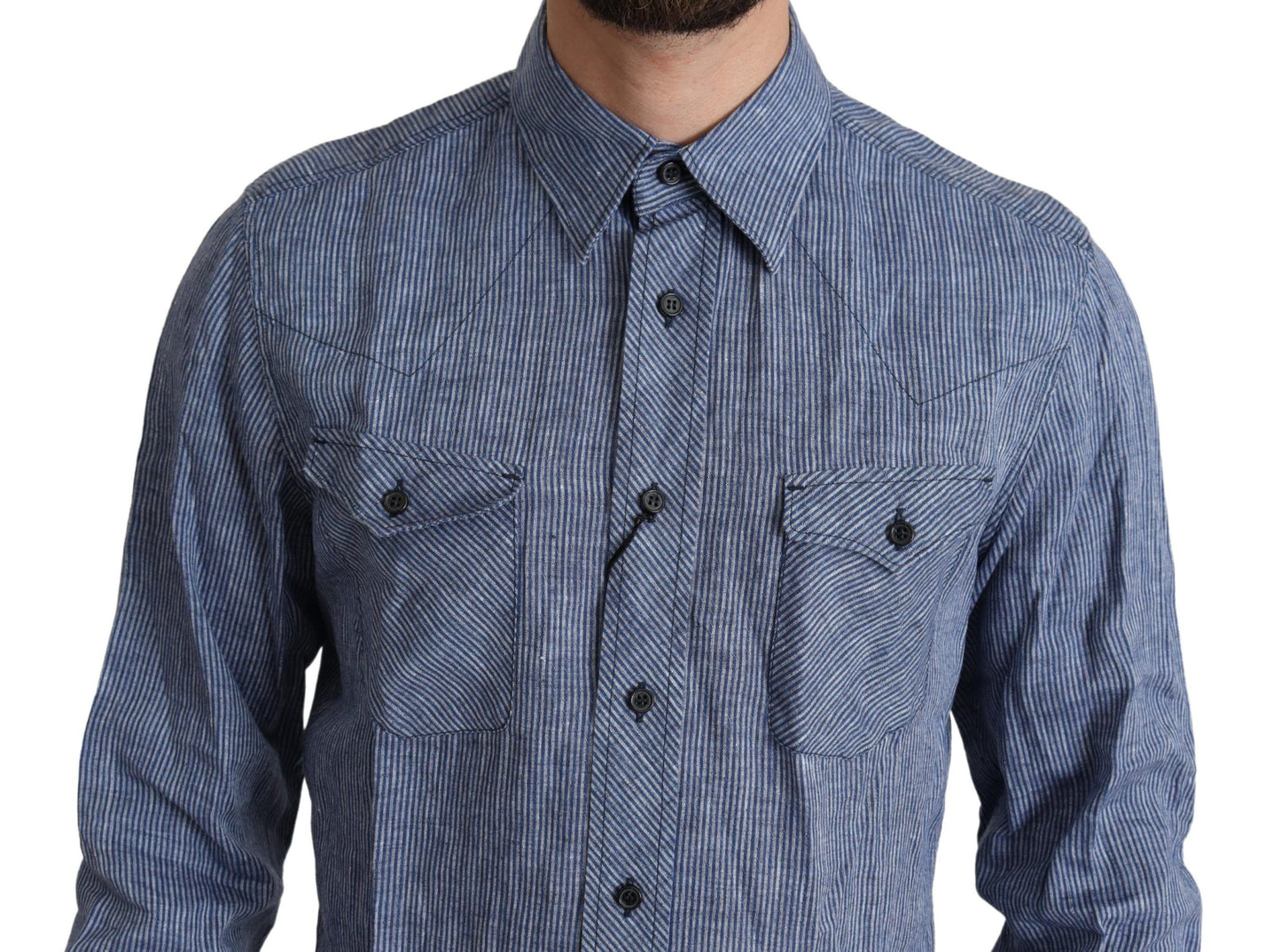Blue Stripes Men Casual Button Down Shirt-Dolce & Gabbana-LabelTerrace.com