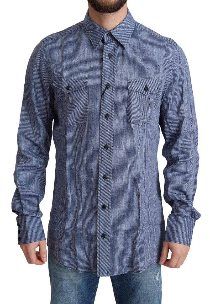 Blue Stripes Men Casual Button Down Shirt-Dolce & Gabbana-LabelTerrace.com