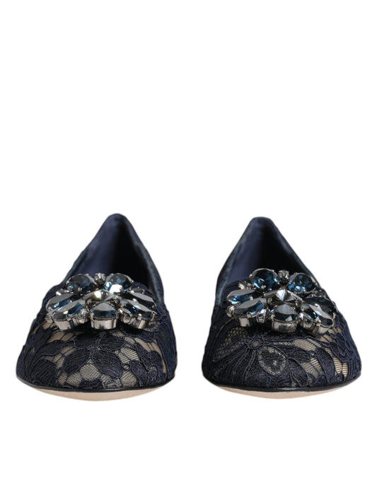 Blue Taormina Lace Crystals Flats Shoes-Dolce & Gabbana-LabelTerrace.com