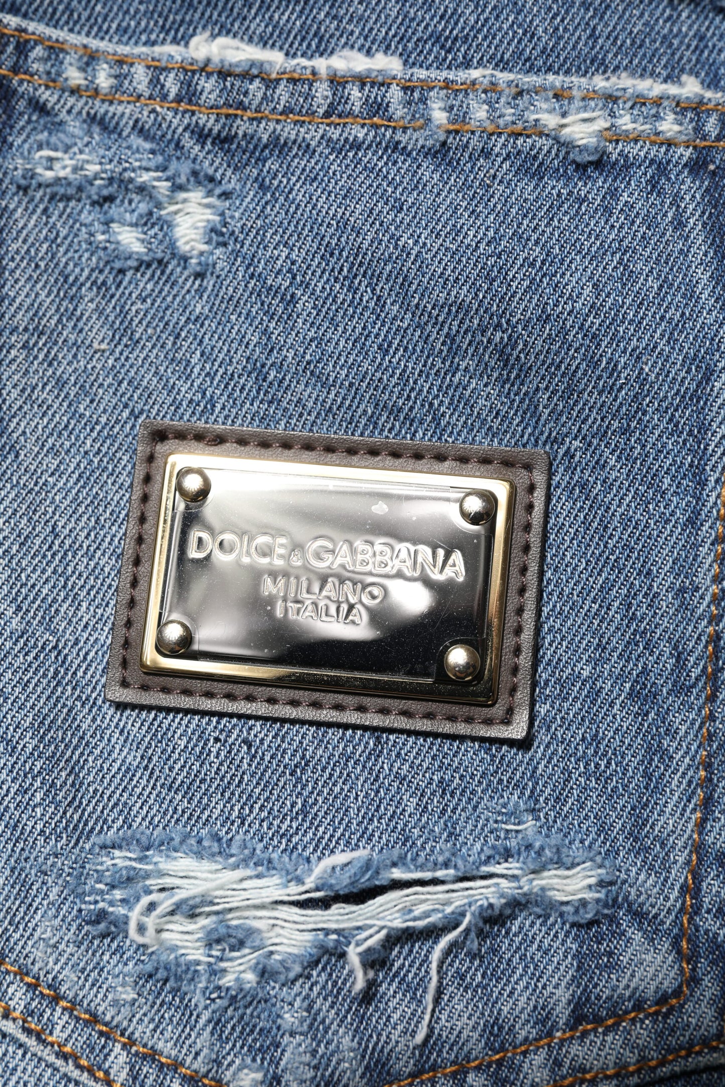 Blue Tattered Cotton Logo Plaque Denim Jeans-Dolce & Gabbana-LabelTerrace.com