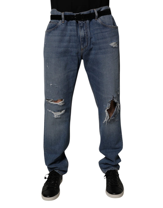Blue Tattered Cotton Straight Denim Jeans-Dolce & Gabbana-LabelTerrace.com
