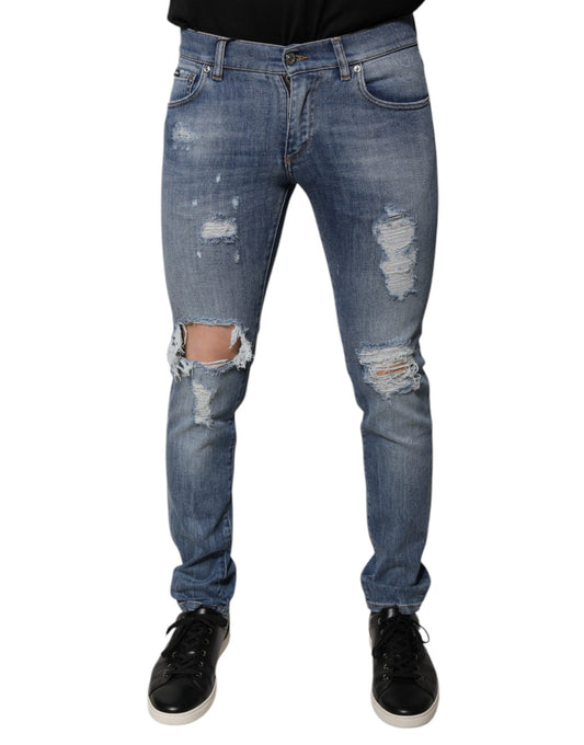 Blue Tattered Cotton Stretch Skinny Denim Jeans-Dolce & Gabbana-LabelTerrace.com