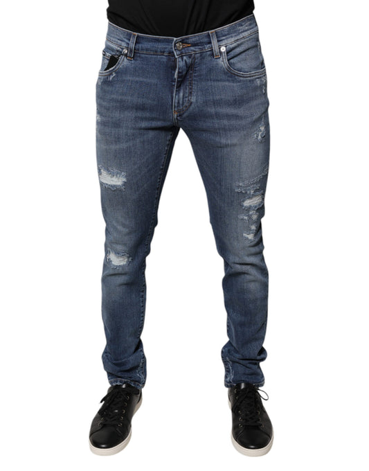 Blue Tattered Cotton Stretch Skinny Denim Jeans-Dolce & Gabbana-LabelTerrace.com