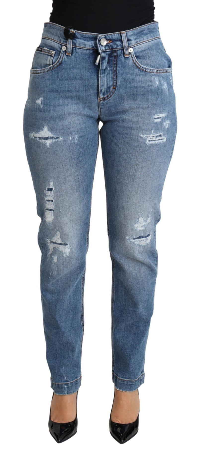 Blue Tattered Skinny Denim Cotton Blend Jeans-Dolce & Gabbana-LabelTerrace.com