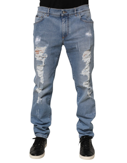 Blue Tattered Slim Fit Cotton Denim Jeans-Dolce & Gabbana-LabelTerrace.com