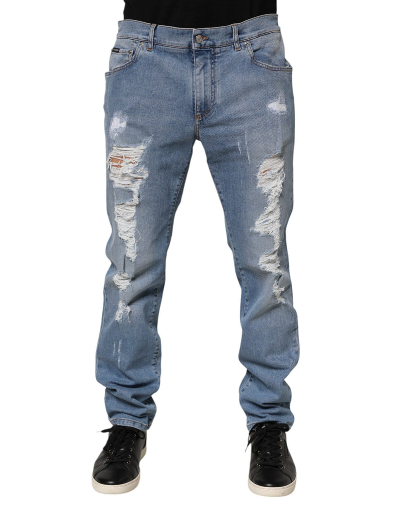 Blue Tattered Slim Fit Cotton Denim Jeans-Dolce & Gabbana-LabelTerrace.com