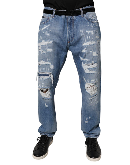 Blue Tattered Straight Cotton Denim Jeans-Dolce & Gabbana-LabelTerrace.com