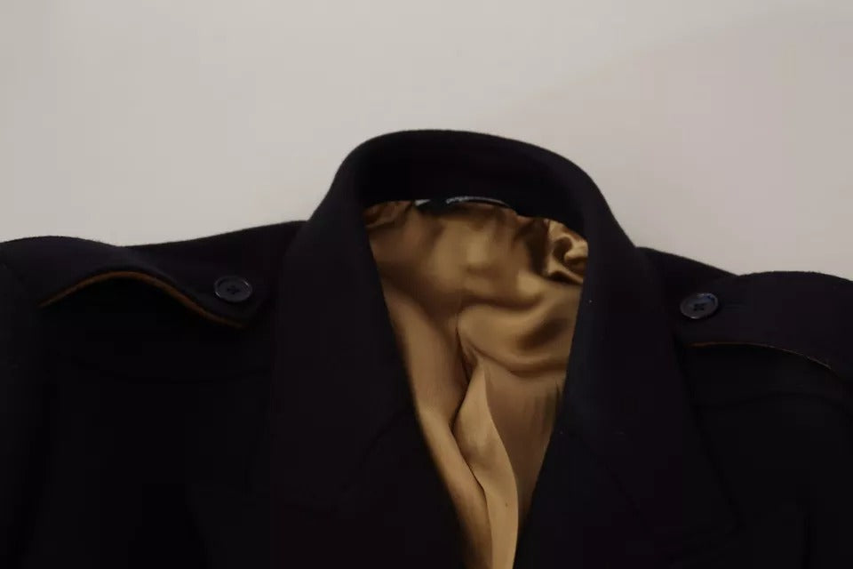 Blue Trench Coat Long Wool Stretch Jacket-Dolce & Gabbana-LabelTerrace.com