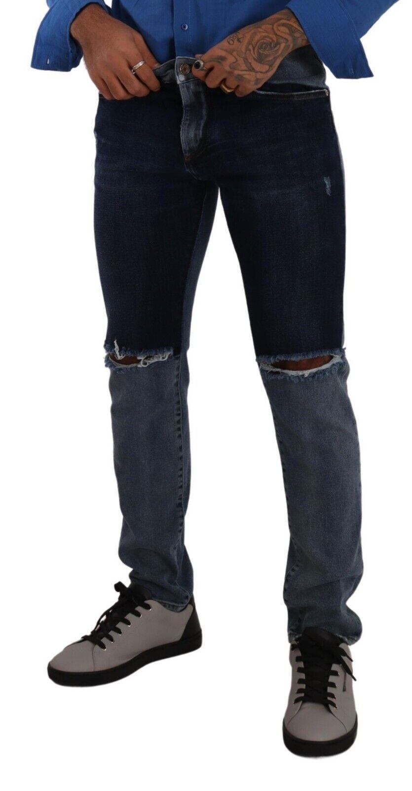 Blue Two Tone Tattered Cotton Slim Denim Jeans-Dolce & Gabbana-LabelTerrace.com