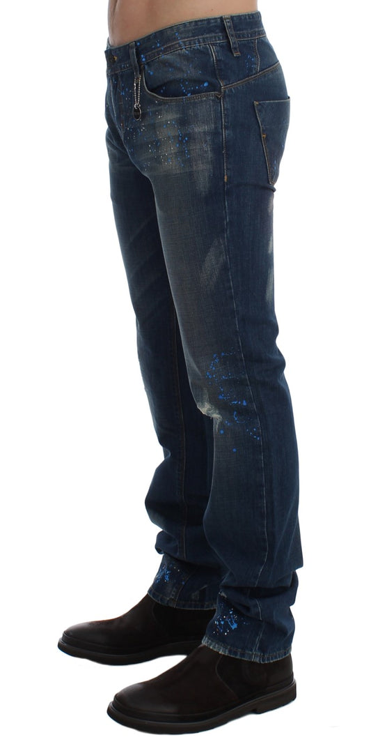 Blue Wash Paint Slim Fit Pants Jeans-Costume National-LabelTerrace.com