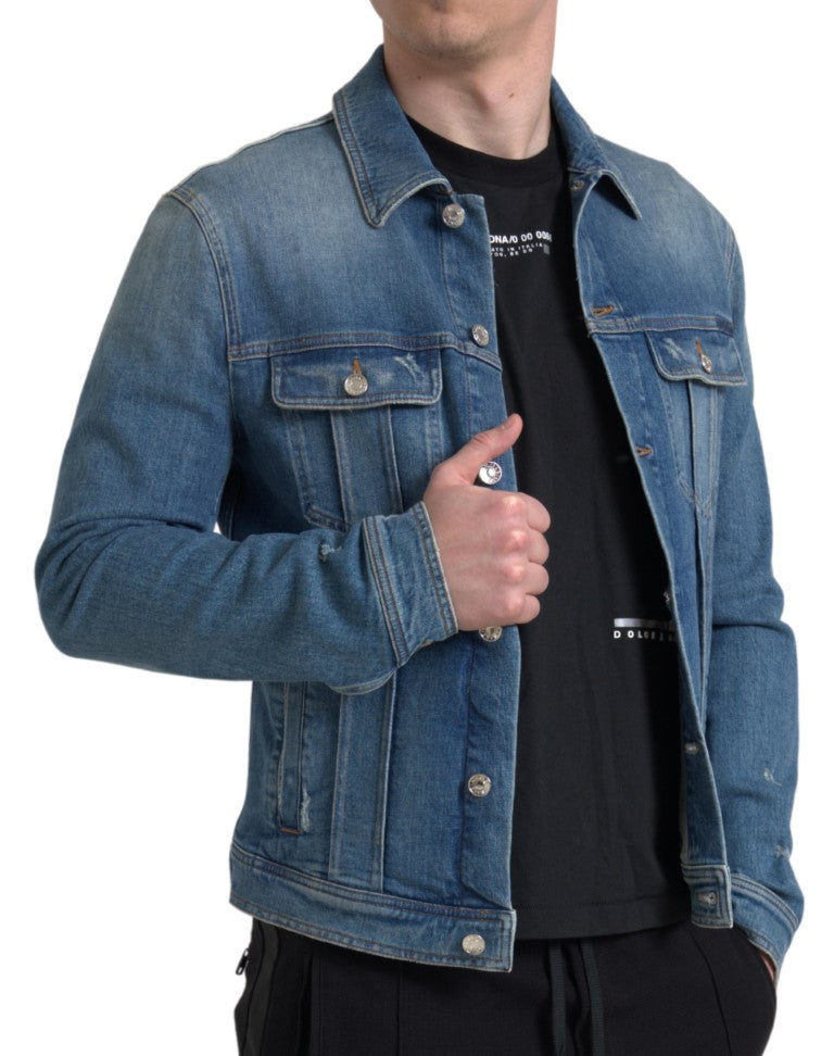 Blue Washed Cotton Stretch Denim Men Jacket-Dolce & Gabbana-LabelTerrace.com
