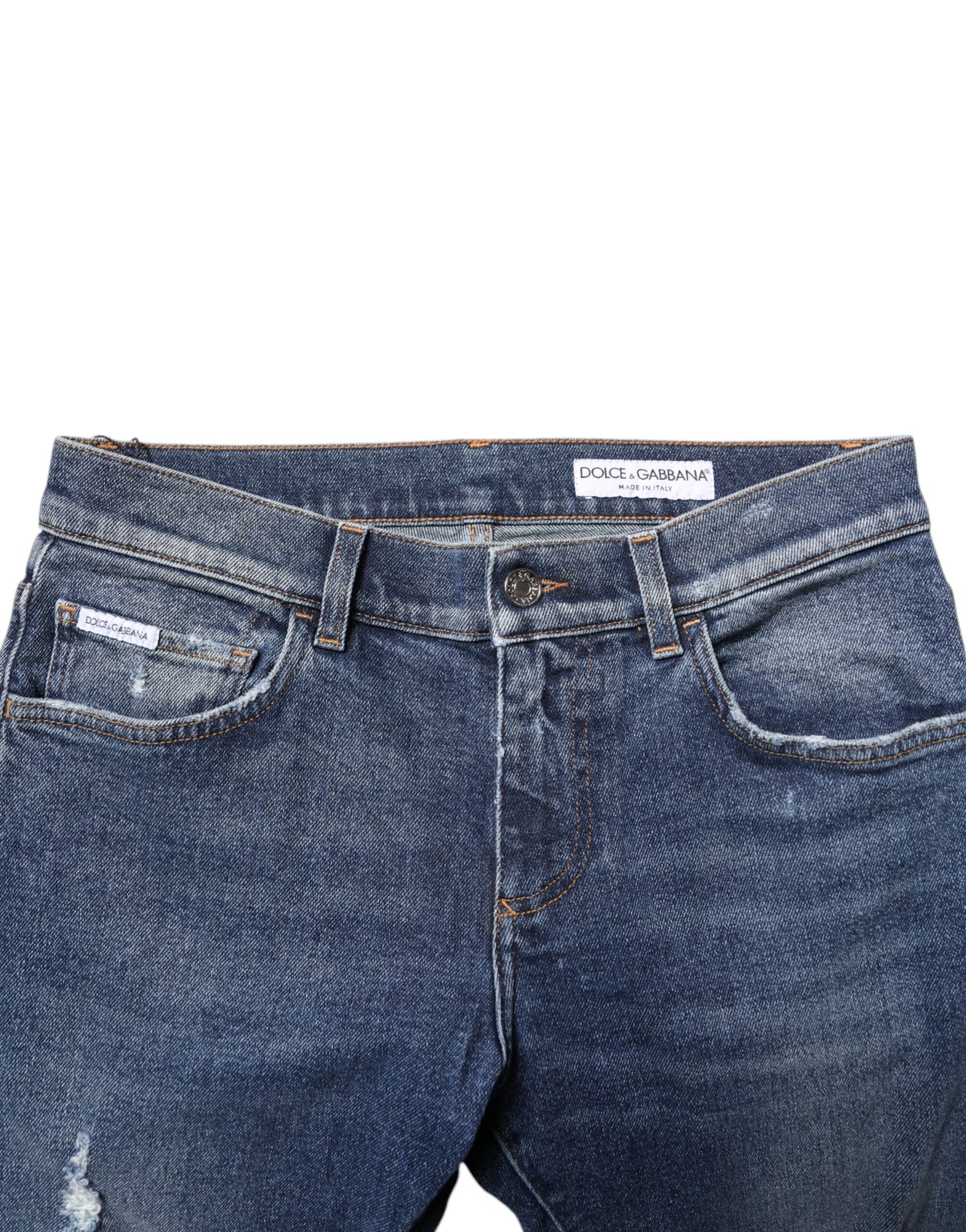 Blue Washed Skinny Cotton Tattered Denim Jeans-Dolce & Gabbana-LabelTerrace.com