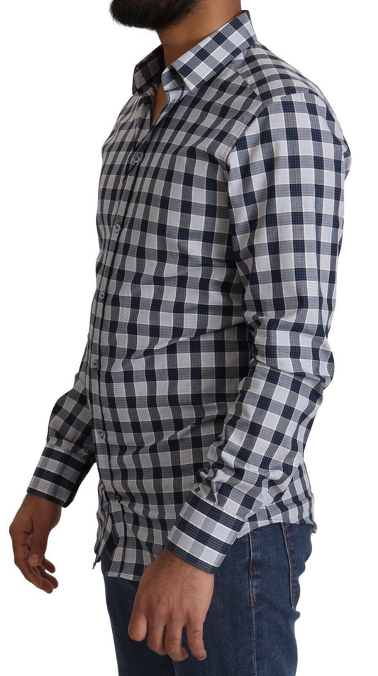 Blue White Check Cotton Slim Fit GOLD Shirt-Dolce & Gabbana-LabelTerrace.com
