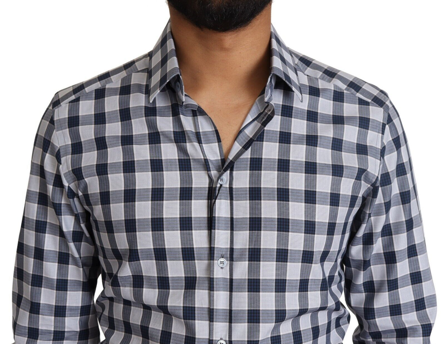 Blue White Check Cotton Slim Fit GOLD Shirt-Dolce & Gabbana-LabelTerrace.com