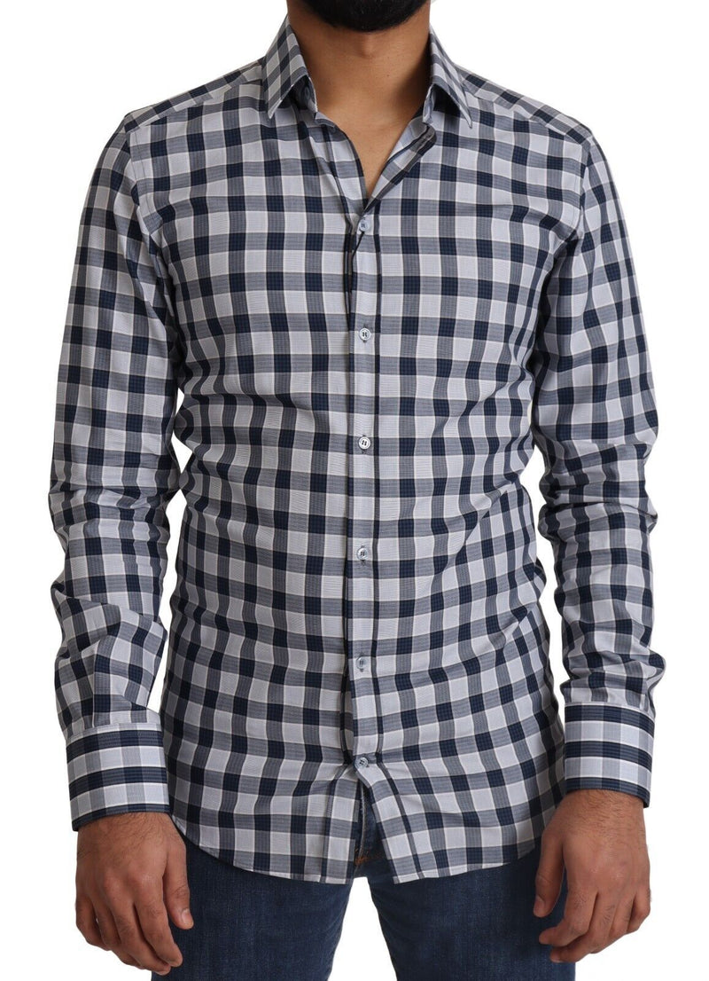 Blue White Check Cotton Slim Fit GOLD Shirt-Dolce & Gabbana-LabelTerrace.com