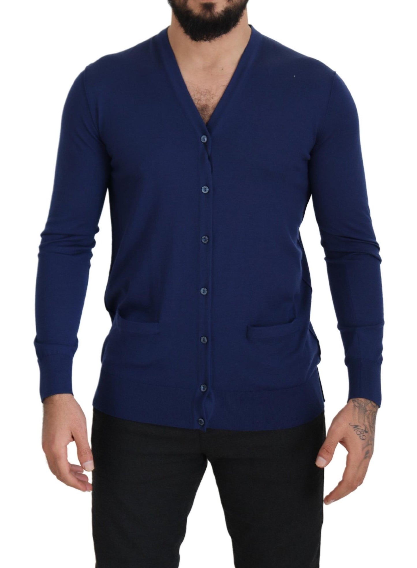 Blue Wool V-neck Button Down Cardigan Sweater