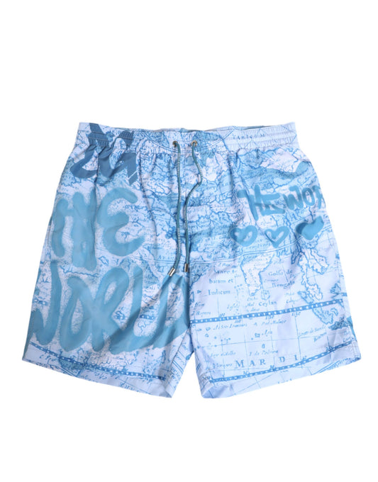 Blue World Map Polyester Elastic Waistband Swimwear-Dolce & Gabbana-LabelTerrace.com