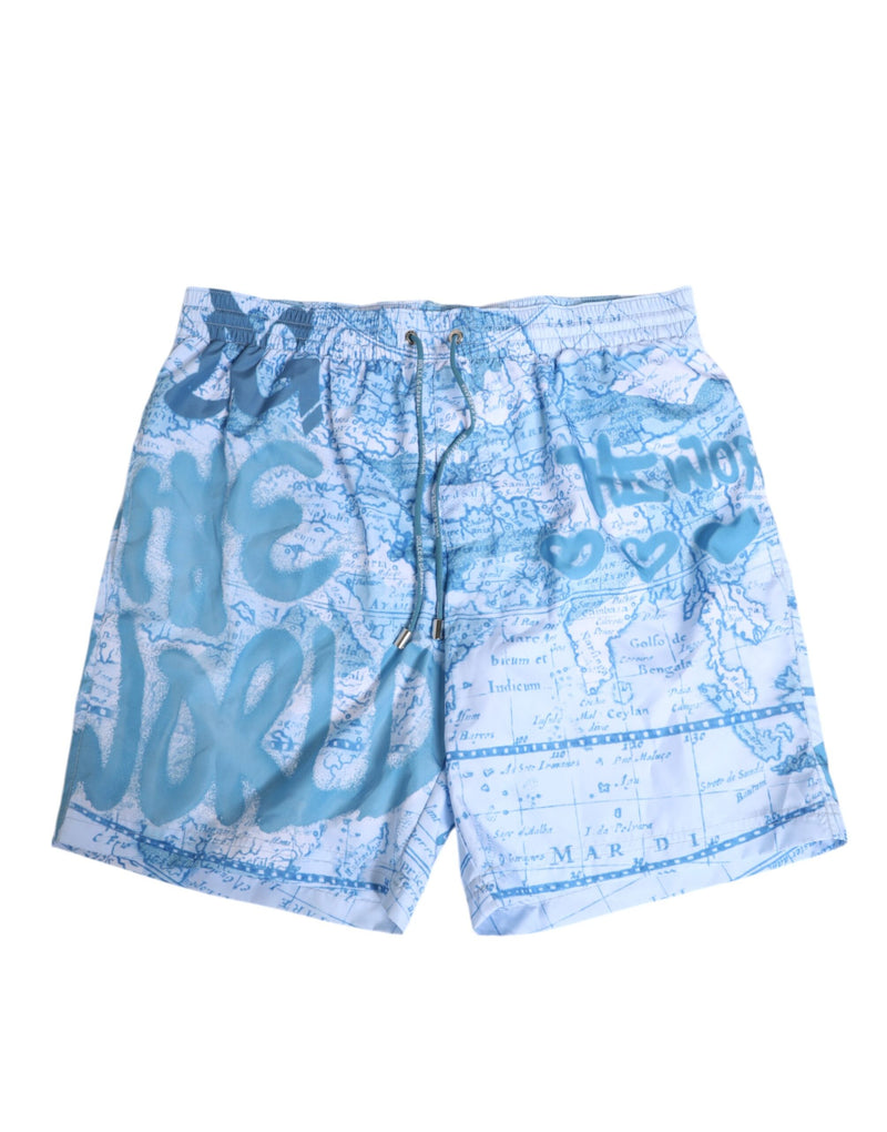 Blue World Map Polyester Elastic Waistband Swimwear-Dolce & Gabbana-LabelTerrace.com