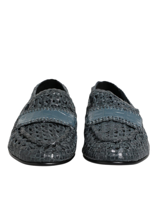 Blue Woven Raffia Slip On Loafers Shoes-Dolce & Gabbana-LabelTerrace.com