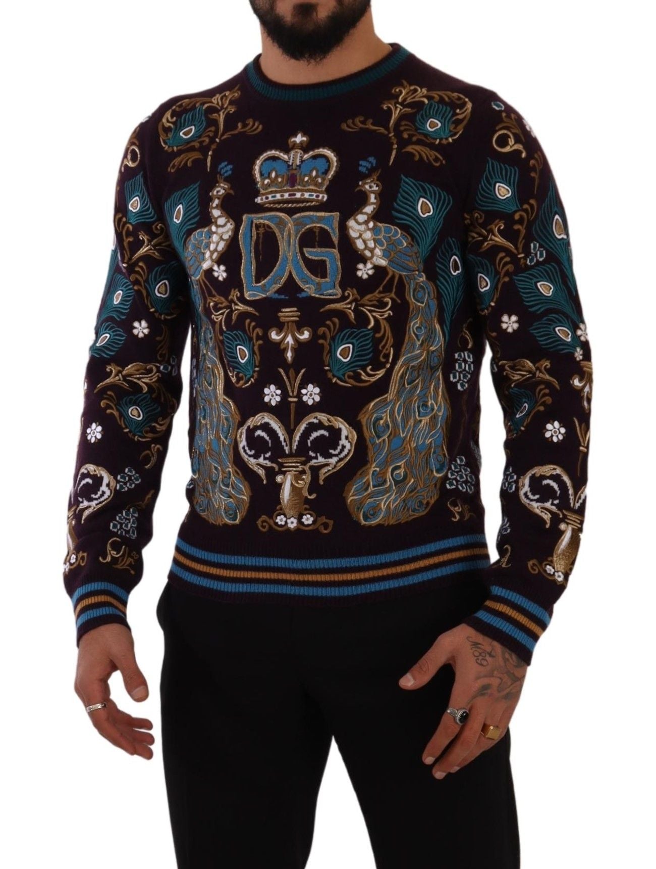 Bordeaux Cashmere DG Crown Embroidered Sweater-Dolce & Gabbana-LabelTerrace.com