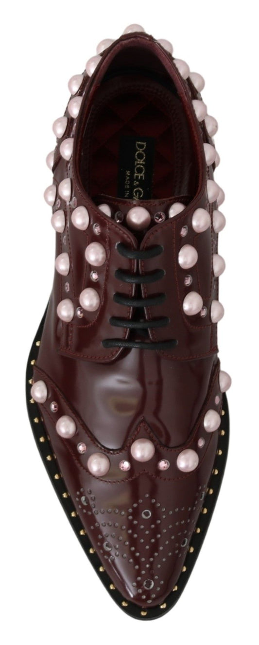 Bordeaux Leather Crystal Pearls Formal Shoes-Dolce & Gabbana-LabelTerrace.com