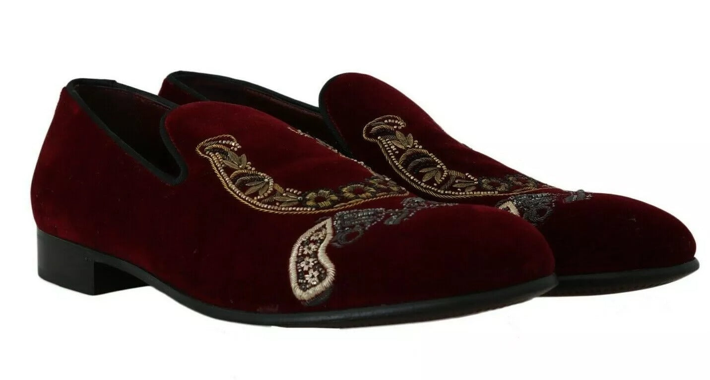 Bordeaux Velvet Loafers Gun Horseshoe Shoes-Dolce & Gabbana-LabelTerrace.com